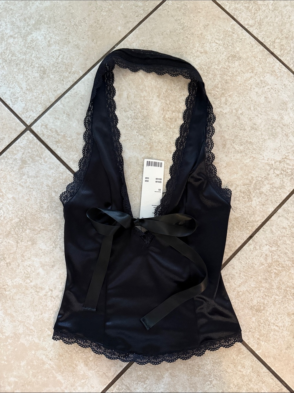 Urban Outfitters Black Satin Lace-Trim Halter Cami with Front Tie